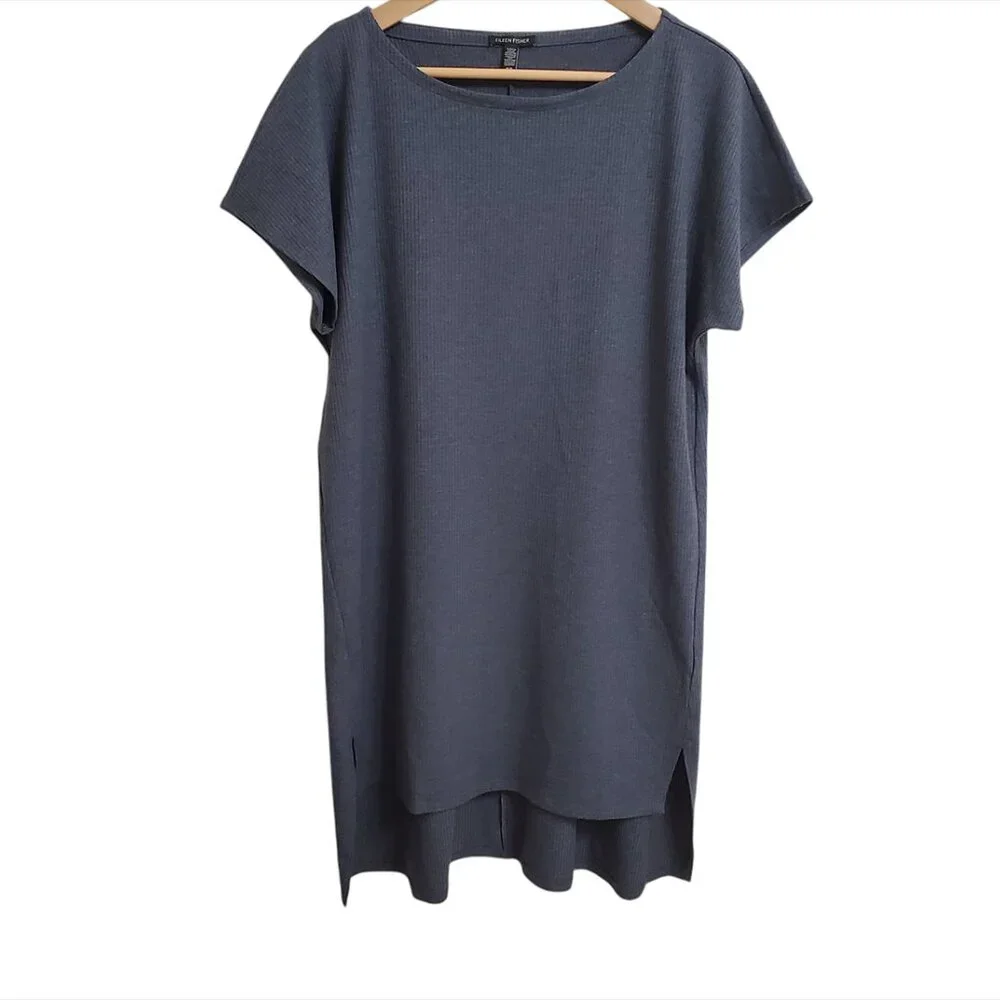 Eileen Fisher Women Ribed Knit Tunic Mini Dress M Boat Neck Stretch Shor… - Picture 4 of 11